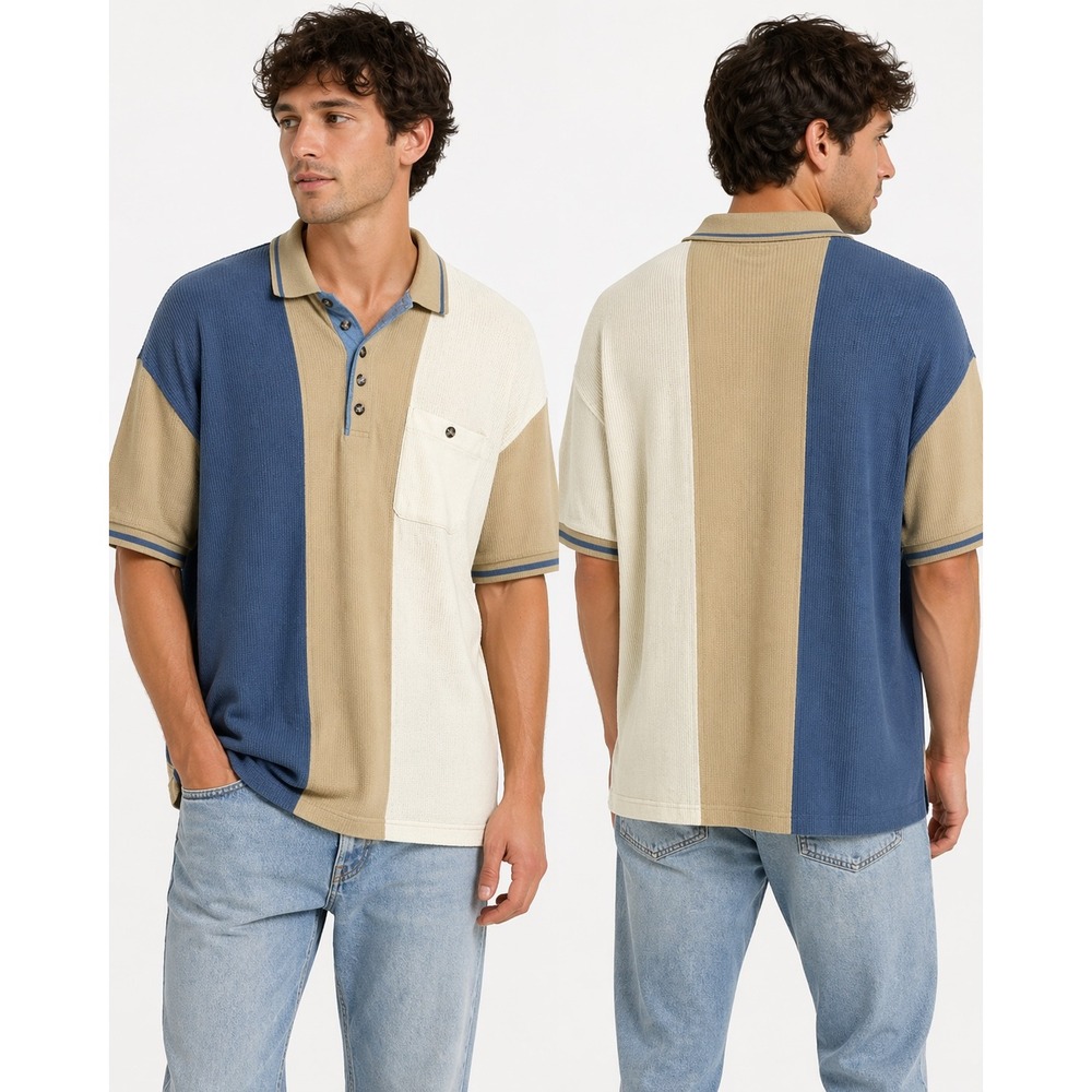Hukapoo Polo Shirt Mens XL Tan Blue Colorblock Waffle Knit Vintage Grandpacore